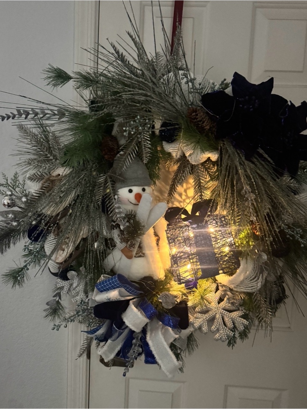 Holiday Snowman Pine Wreath with Blue Accents, Fairy lights and Lighted Gift - Picture 5 of 5